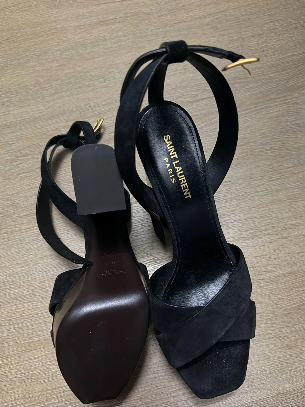 Saint Laurent Black Suede Platform Block Heel Sandals with Ankle Tie - Picture 3 of 3
